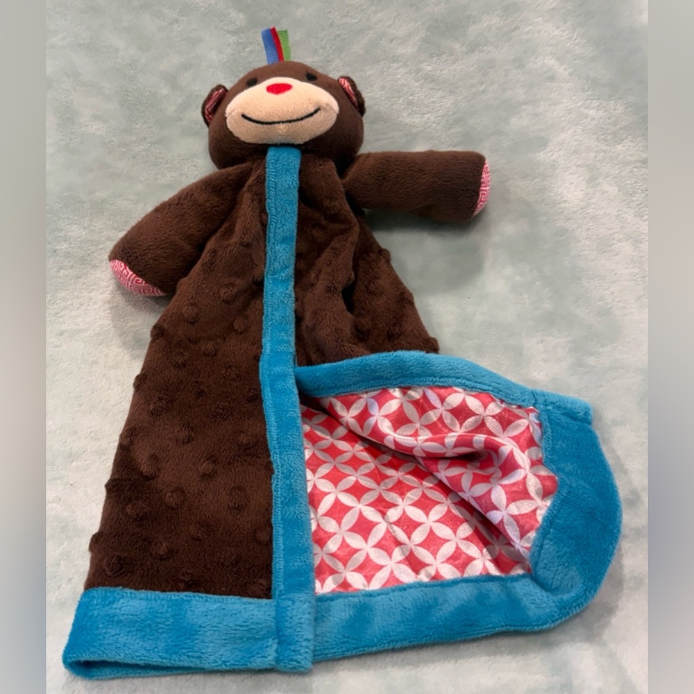 NWOT Mud Pie Muddpie Brown Minky Monkey Security Blanket Lovey Pink Accents 14"